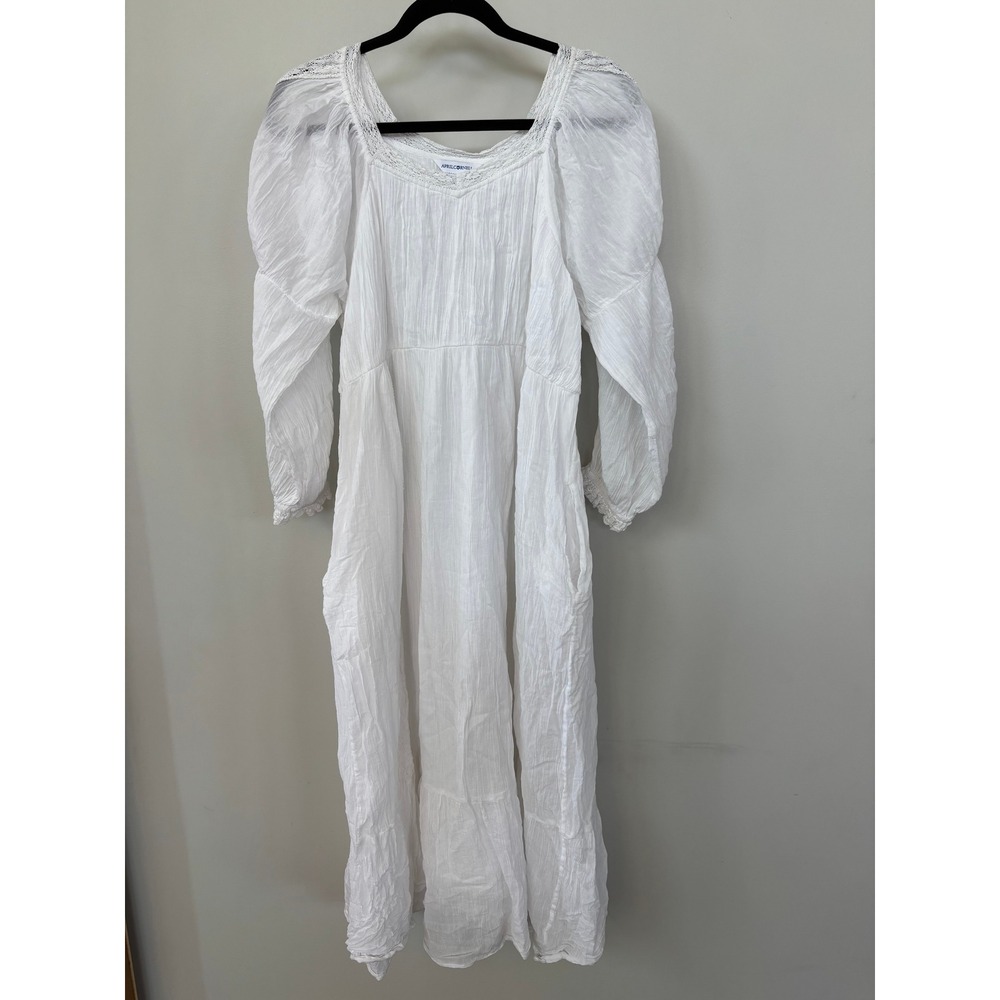 April Cornell White Cotton Gauze Lace Trim Maxi Dress Long Puff Sleeve Large